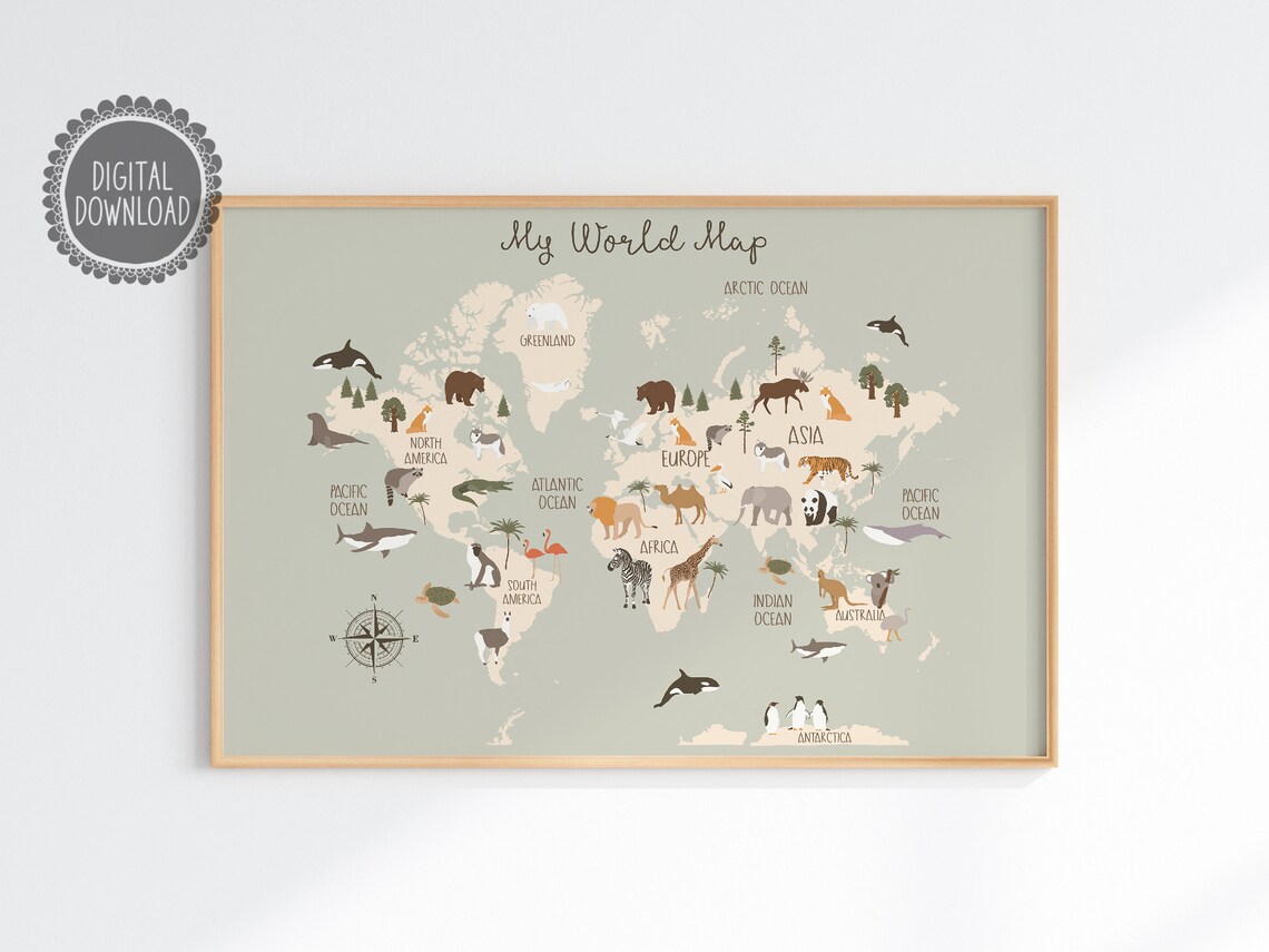 Animal World Map Educational Print Nursery Poster Safari Map Kids Room ...