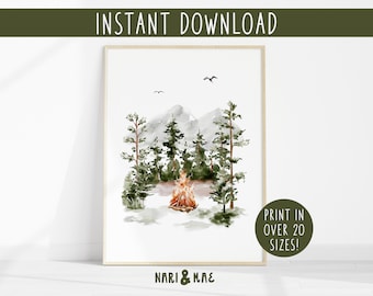 May include: Watercolor painting of a campfire in a forest with mountains in the background. The painting is in shades of green, brown, and orange.