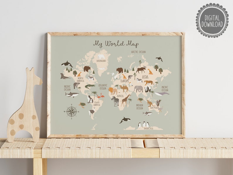Animal World Map Educational Print Nursery Poster Safari Map Kids Room ...