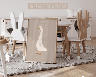 Silly Goose Wall Art, Goose Nursery Wall Art, Beige Nursery Decor, Playroom Decor, Kids Room Decor, Beige Goose Print, Cute Goose Poster