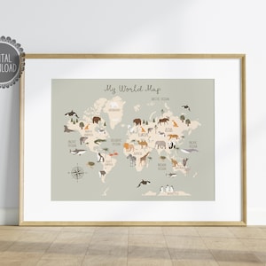 Tier Weltkarte Lernposter Kinderzimmer Poster Safari Karte Kinderzimmer Wandkunst Kinderzimmer Weltkarte Printable Kind Karte Print Kinder Karte 08