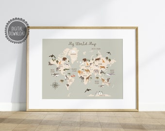 Animal World Map Educational Print Nursery Poster Safari Map Kids Room Wall Art Nursery World Map Printable Child Map Print Childrens Map 08