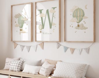 Gepersonaliseerde heteluchtballon kwekerij print, set van 3 kwekerij prints, salie kwekerij wanddecoratie, gepersonaliseerde baby, pasgeboren naambordje