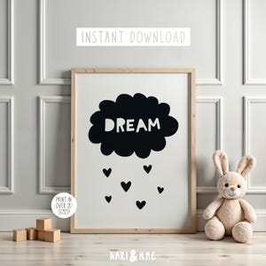 Chambre d&#39;enfant noir et blanc imprimable, décoration scandinave, art mural pour chambre d&#39;enfant, décoration murale monochrome pour chambre d&#39;enfant, décoration de chambre de bébé, affiche de rêve