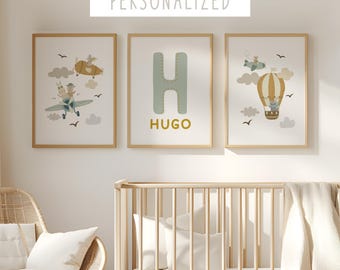 Avontuurlijke luchtballon kinderkamer print, vliegtuig kinderkamer muur decor, set van 3 kinderkamer prints, gepersonaliseerde baby, pasgeboren naambordje