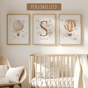 Decoración personalizada para habitación de bebé con globos aerostáticos, láminas vintage para habitación de bebé, juego de 3 piezas, letrero personalizado con el nombre del recién nacido, regalo para bebé