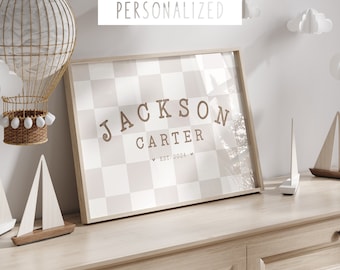 Checkered Nursery Name Sign, Personalized Nursery Print, Checkered Baby Name Sign, Neutral Nursery Print, Nursery Poster, Custom Baby Gift