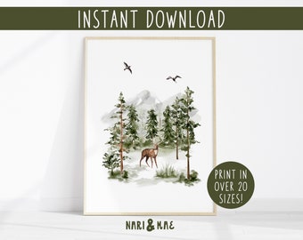 Buck in a Clearing Print, Woodland Nursery Print, Nursery Wall Art Woodland Nursery Decor Boy Nursery Wall Decor Enchanted Forest Wall Decor
