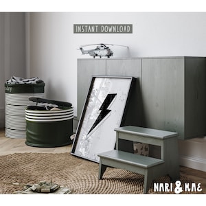 Retro Lightning Bolt Print on Grunge White Background, Preppy Wall Art, Playroom Decor, Boys Room Decor, Funky Kids Room Decor