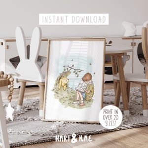 Classic Winnie the Pooh Nursery Wall Art, Nursery Print, Classic Pooh Bear Nursery Decor, Christopher Robin and Winnie the Pooh Reading