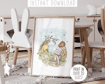 May include: A watercolor illustration of Winnie the Pooh and a boy reading a book together in a forest setting. The boy is sitting on the ground with his legs crossed, wearing a blue shirt and brown shorts. Winnie the Pooh is standing behind him, looking at the book. The background is a light blue sky with a few clouds and some trees.