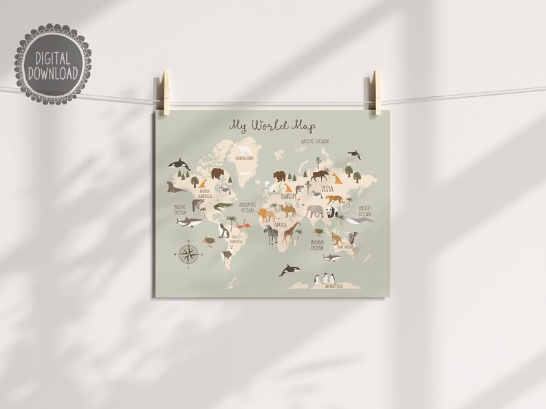 Animal World Map Educational Print Nursery Poster Safari Map Kids Room ...