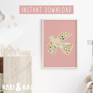 Floral Dove Print in Pink, Kids Room Decor, Nursery Wall Decor, Playroom Decor, Boho Nursery Decor Girl, Dove Nursery Print, Scandinavian