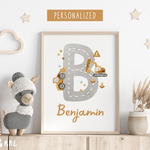 Personalized Baby Name Sign, Vehicle, Construction Trucks, Nursery Wall Decor Boy&#39;s Room Decor, Construction Bedroom, Construction Prints