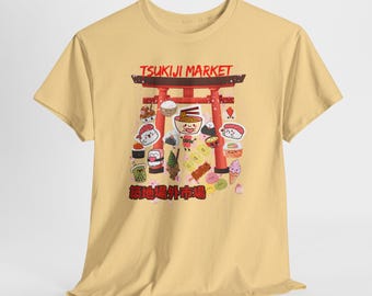 T-shirt graphique Kawaii Tsukiji Fish Market, design vintage Japon