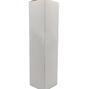 May include: A tall, rectangular white box with a closed top. The box is plain and has a smooth surface. The box is standing upright against a white background. The box is likely for packaging a product.