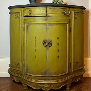 Small Round Italian Credenza / Sideboard / Server / Entryway Bureau - Olive Oil Green Body, Graphite Top, Stenciled Details,  Gold Trims