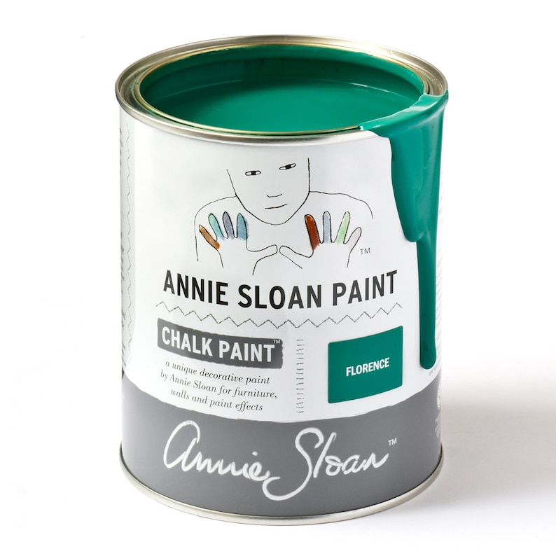 May include: A green can of Annie Sloan Chalk Paint in the color Florence. The can has a white label with the Annie Sloan logo and the text "Chalk Paint" and "a unique decorative paint by Annie Sloan for furniture, walls and paint effects".