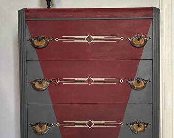 Tall  chest of drawers - Art deco waterfall-  Burgundy and Metal Gray