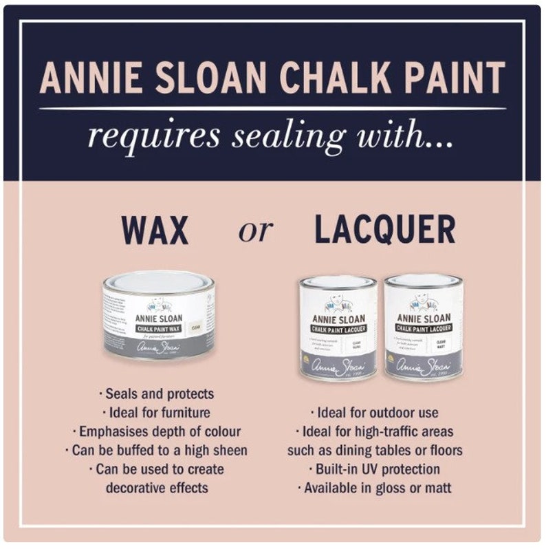May include: Annie Sloan Chalk Paint requires sealing with either wax or lacquer. Two cans of Annie Sloan Chalk Paint Lacquer are shown, one in gloss and one in matt. A can of Annie Sloan Chalk Paint Wax is also shown. The text on the cans reads "Annie Sloan Chalk Paint Wax" and "Annie Sloan Chalk Paint Lacquer".