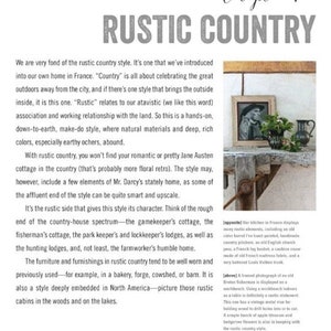 May include: A rustic country style interior design featuring a wooden table with a vintage metal vise, a framed photograph of a fisherman, and a simple arrangement of apples and flowers. The text "RUSTIC COUNTRY 151" is visible in the bottom right corner.