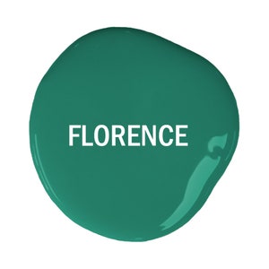 May include: A teal green paint swatch with the word "FLORENCE" printed in white.