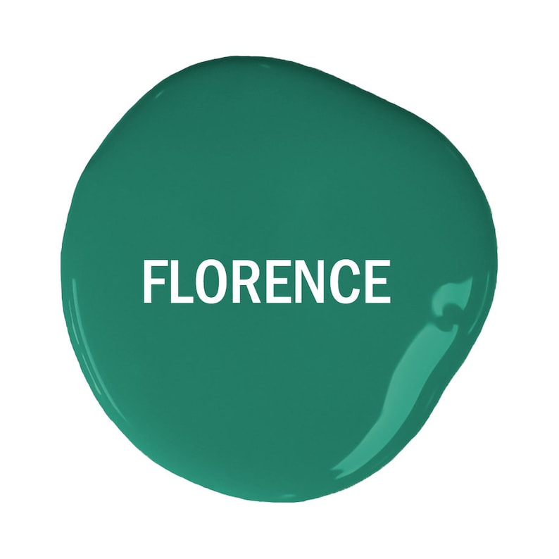 May include: A teal green paint swatch with the word "FLORENCE" printed in white.