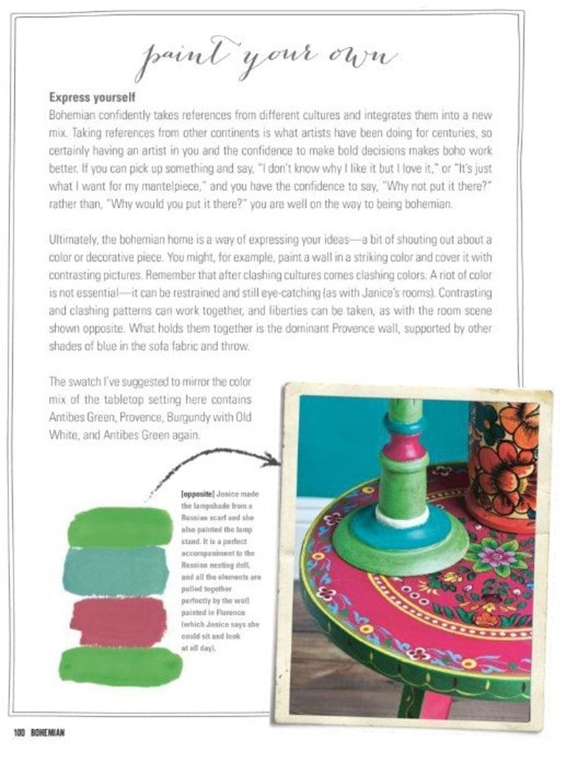 May include: A close-up of a painted table top with a green, turquoise, pink, and red design. The table top is surrounded by a turquoise wall. The text "paint your own" is at the top of the image.