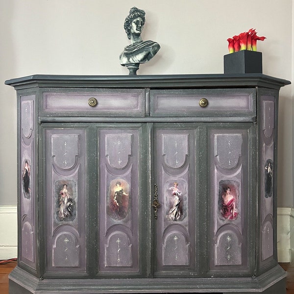 Vintage Italian Credenza, Lilac and Slate Gray paint With Boldini Ladies Images