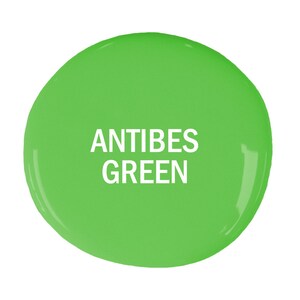 May include: A bright green paint swatch with the text "ANTIBES GREEN" in white.