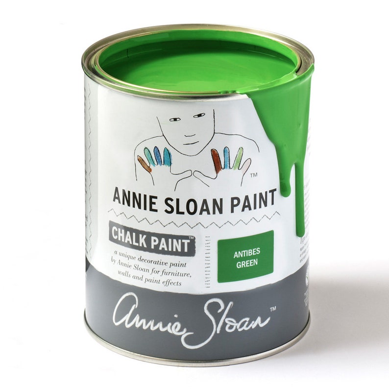 May include: A can of Annie Sloan Chalk Paint in the colour Antibes Green. The paint is a unique decorative paint for furniture, walls, and paint effects.