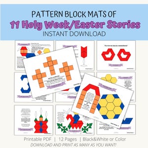 May include: A set of 12 printable pattern block mats featuring 11 Holy Week and Easter stories. The mats are black and white and include a variety of geometric shapes. "If ye love me, keep my commandments" is printed on one of the mats.  Printable PDF | 12 Pages | Black&White or Color DOWNLOAD AND PRINT AS MANY AS YOU WANT!