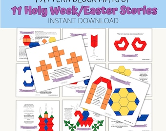Plantillas de bloques con patrones bíblicos de Semana Santa y Pascua con versículos del Nuevo Testamento. Actividad de combinación de formas, imprimible para niños pequeños y niños pequeños