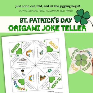 May include: St. Patrick's Day origami joke teller with green, gold, and rainbow colors. The printed sheet features jokes and instructions. A folded origami fortune teller is also shown.