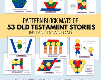 Puede incluir: Mats de bloques de patrones con 53 historias del Antiguo Testamento, disponibles como descarga instantánea en PDF. Los diseños están en blanco y negro o en color. La imagen muestra ejemplos de los diseños de bloques de patrones.