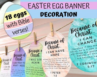 May include: A banner of 18 Easter eggs decorated with Bible verses. Each egg is a different color and has a different verse written on it. The banner is strung with twine and clothespins. The eggs say "Because of Christ... I can be healed", "Because of Christ... I can pray for what I need", "Because of Christ... I will live again", "Because of Christ... I can have hope", and "Because of Christ... I can change".