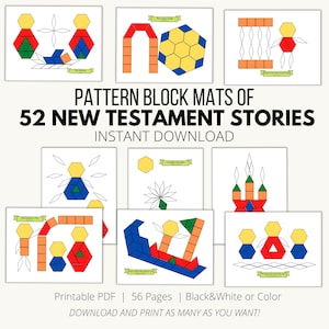52 Bible Pattern Block Templates of New Testament Scripture Verses! Come Follow Me 2023, Shape Matching Activity, Printable for Toddlers