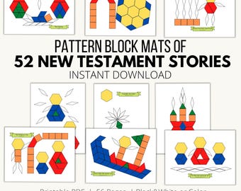 ¡52 plantillas de bloques con patrones bíblicos del Nuevo Testamento! Ven, sígueme (2023), actividad de emparejamiento de formas, imprimible para niños pequeños