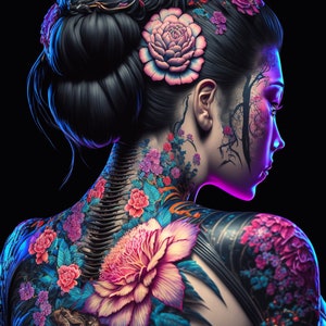 Beautiful Geisha with a traditional tattoo in cyberpunk style - Digital Print - Download High Resolution Graphic - Ready to Print