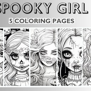 5 Spooky Girl Pages - Trick Or Treat Coloring Page Book - Adults + Kids - Instant Download - Grayscale Coloring Page - Printable PDF