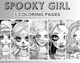 5 páginas assustadoras de meninas - Livro de páginas para colorir de doces ou travessuras - Adultos + crianças - Download instantâneo - Página para colorir em tons de cinza - PDF para impressão