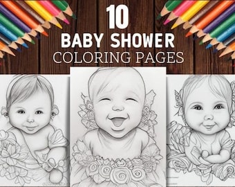 Baby Shower Coloring Pages, Adorable Babies Graustufen Grafiken, 10 Seiten