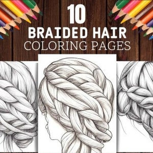 Braided Hair Coloring Pages, Beautiful Braids Grayscale Graphics, 10 pages