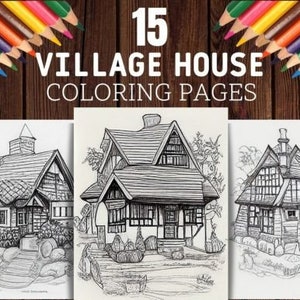 Wooden Village Houses Coloring Pages, Grayscale Graphics, 10 pages