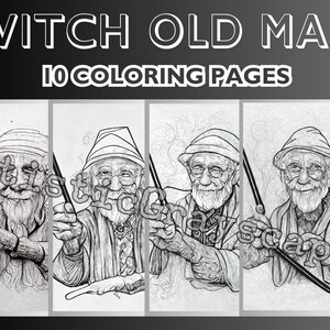 10 Wizard Coloring Pages - Trick Or Treat Coloring Page Book - Adults + Kids - Instant Download - Grayscale Coloring Page - Printable PDF