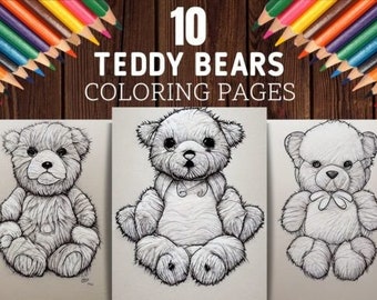 May include: Three teddy bear coloring pages with detailed line art, displayed on a wooden surface. The text "10 TEDDY BEARS COLORING PAGES" is at the top. Colored pencils frame the top of the image.