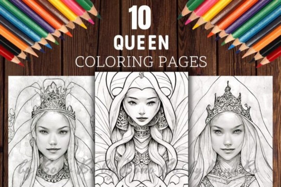 Queen Coloring Pages, Beautiful Princess Grayscale Graphics, 10 Pages ...
