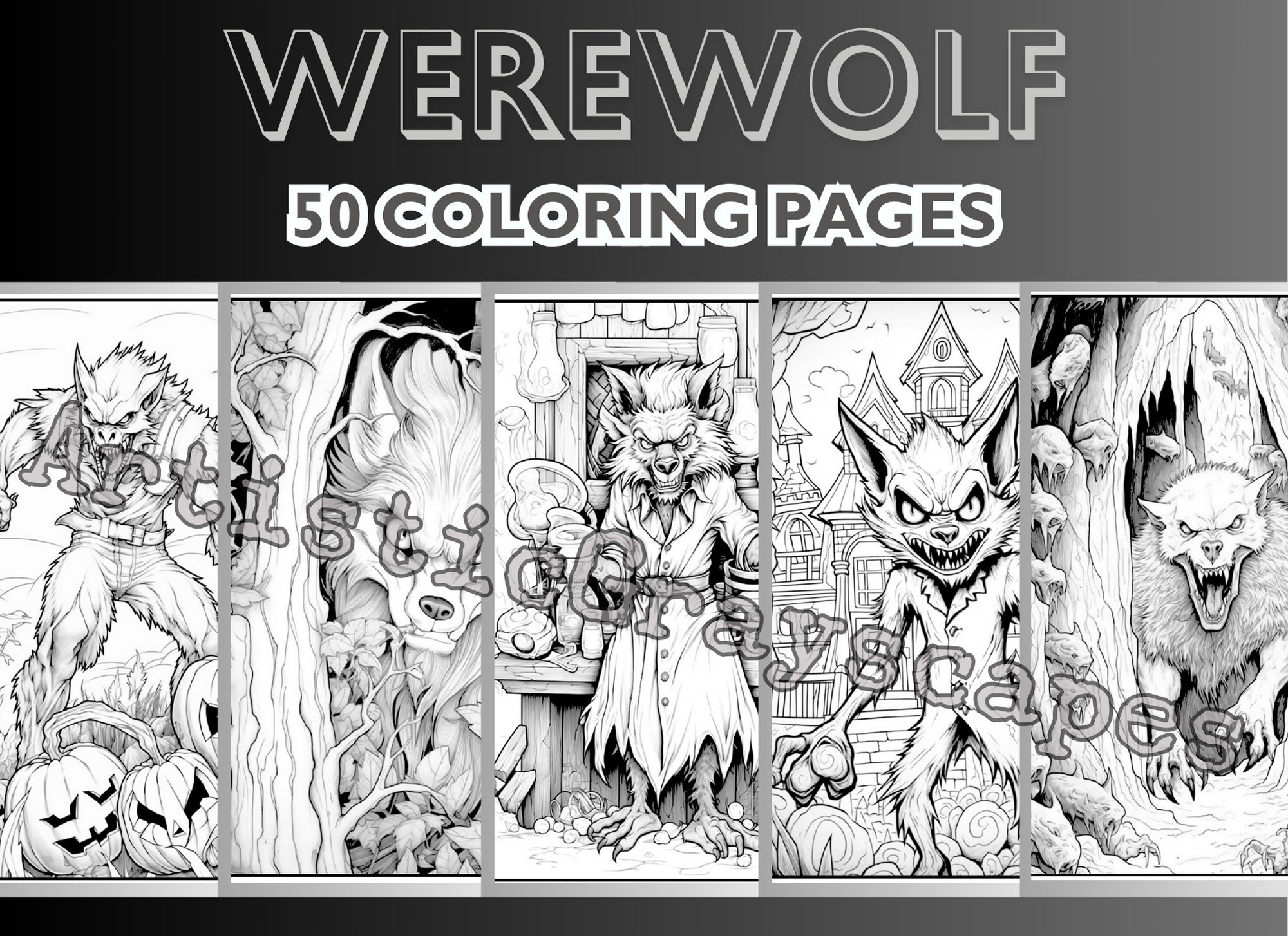 50 Scary Werewolf Coloring Pages Coloring Page Book Adults Kids Instant