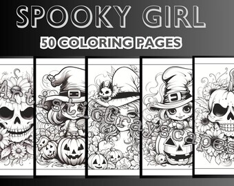 50 Cute and Spooky Girl Coloring Pages - Coloring Page Book - Adults + Kids - Instant Download - Grayscale Coloring Page - Printable PDF