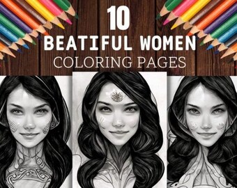 May include: Three black and white coloring pages featuring detailed drawings of women with long hair. The title of the coloring pages is "10 Beautiful Women Coloring Pages".